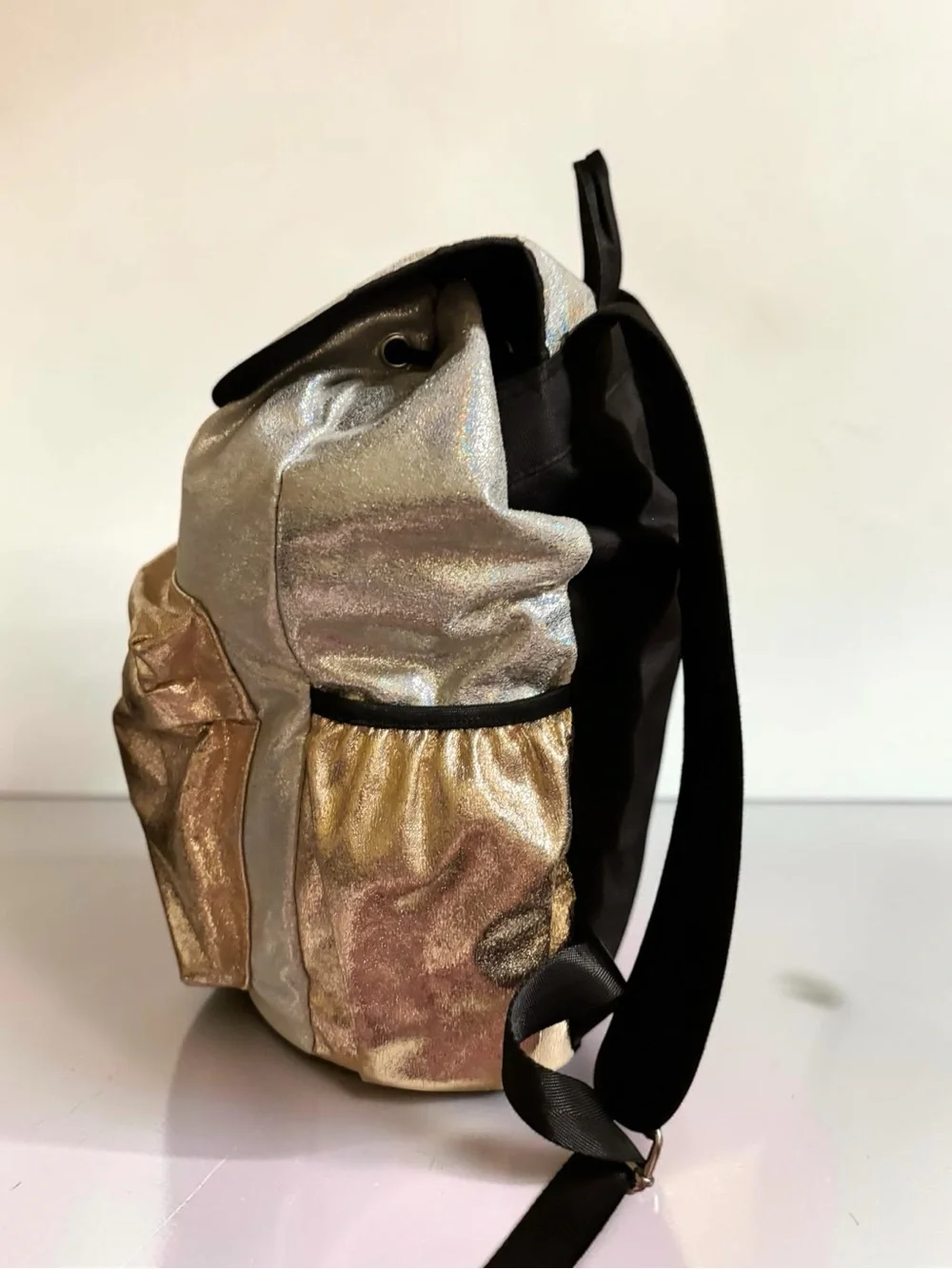 Justice Girls Metallic Gold Silver Shimmer Backpack Drawstring School Bag